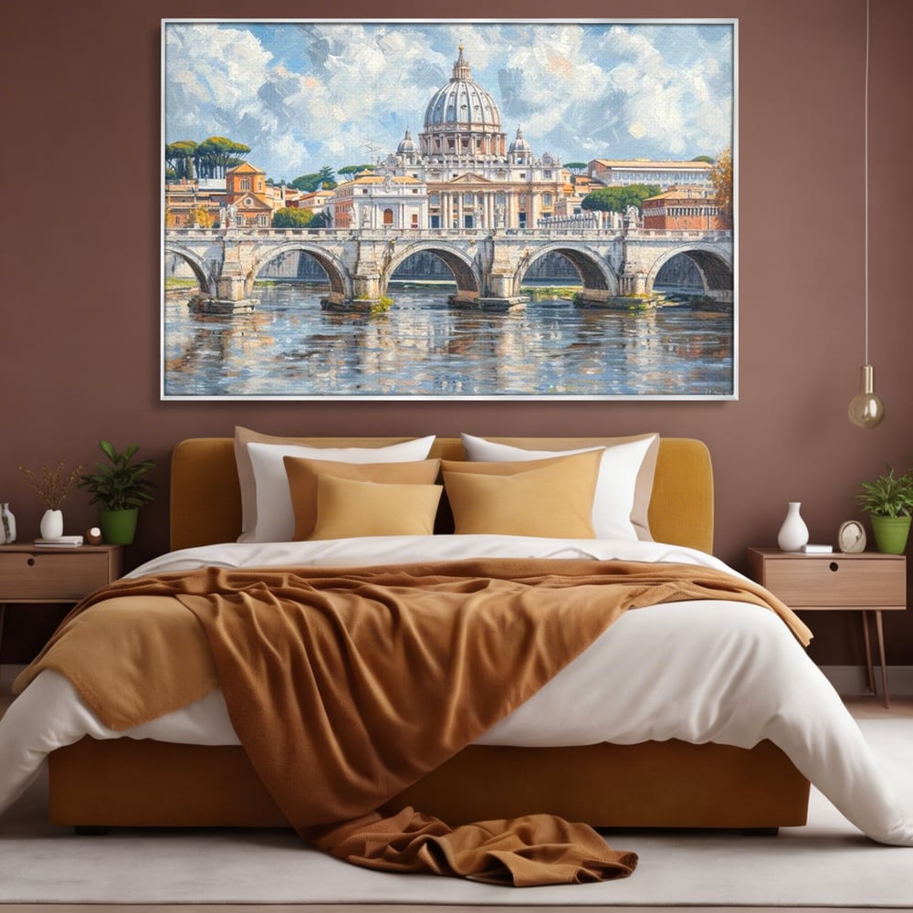 Tablou canvas cu tablou canvas cu podul si cupola vaticanului, in rama de aluminiu argintiu, pe perete intr-un dormitor